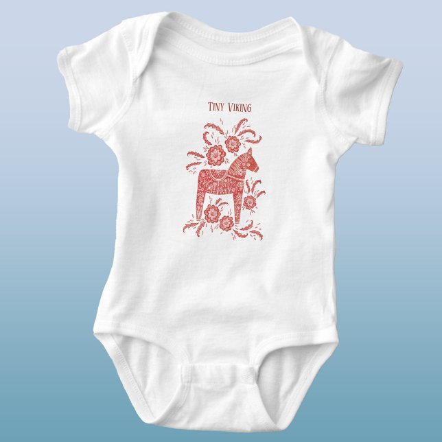 Schwedisch Dala Horse Red Tiny Viking Baby Strampler (Swedish Dala Horse red and white Tiny Viking baby bodysuit)