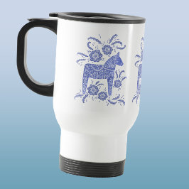 Schwedisch Dala Horses Periwinkle Blue und White Reisebecher