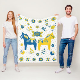 Schwedisch Folk Dala Horse l Blue und Yellow Fleecedecke