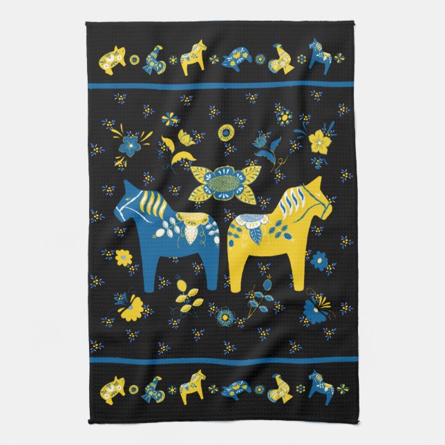 Schwedisch Folk Dala Horse l Blue und Yellow Geschirrtuch (Vertikal)