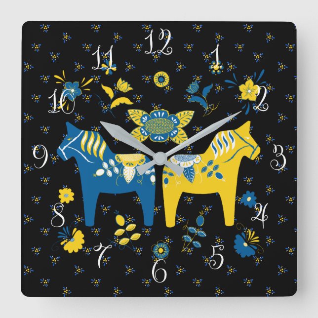 Schwedisch Folk Dala Horse l Blue und Yellow Quadratische Wanduhr (Vorderseite)