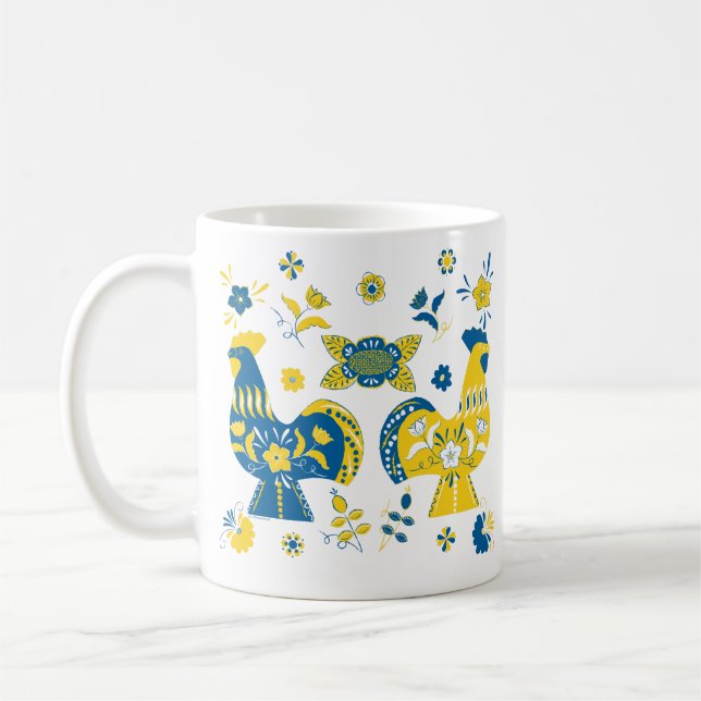 Schwedisch Folk Dala Rooster l Blue und Yellow Kaffeetasse (Links)