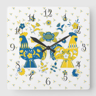Schwedisch Folk Dala Rooster l Blue und Yellow Quadratische Wanduhr