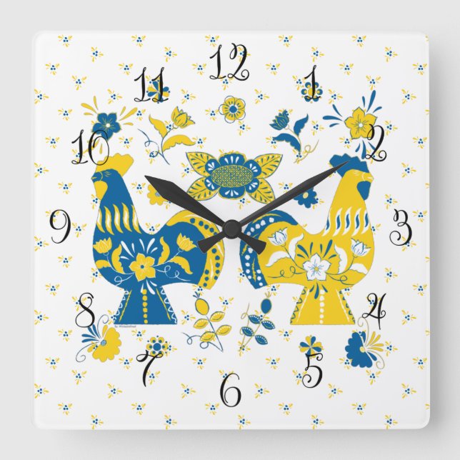 Schwedisch Folk Dala Rooster l Blue und Yellow Quadratische Wanduhr (Vorderseite)