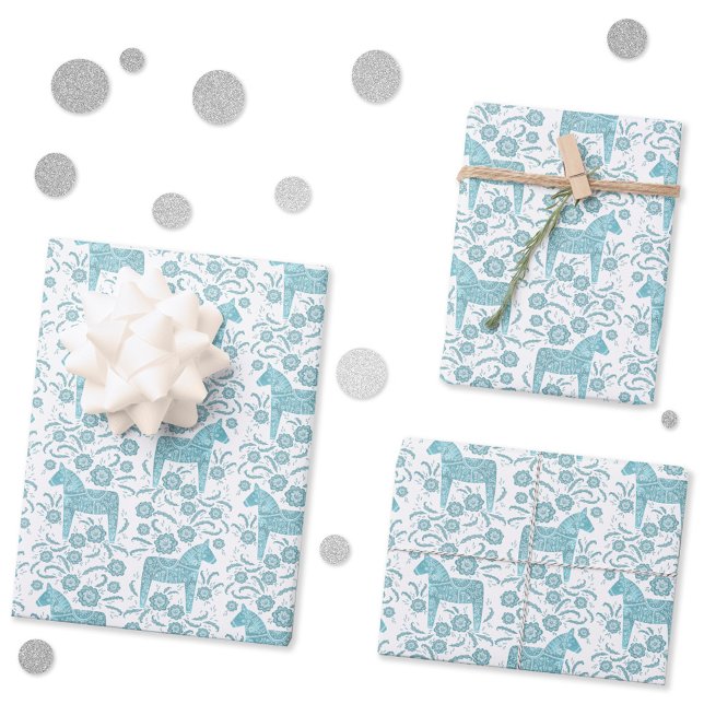 Schwedische Dala Horse Aquamarine Kunst des Grünen Geschenkpapier Set (Swedish Dala Horse folk art teal green and white gift wrapping paper sheets)