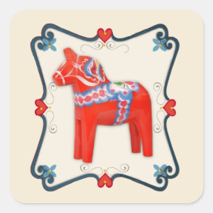 Schwedische Dala Horse Folk Kunst Gerahmt Quadratischer Aufkleber