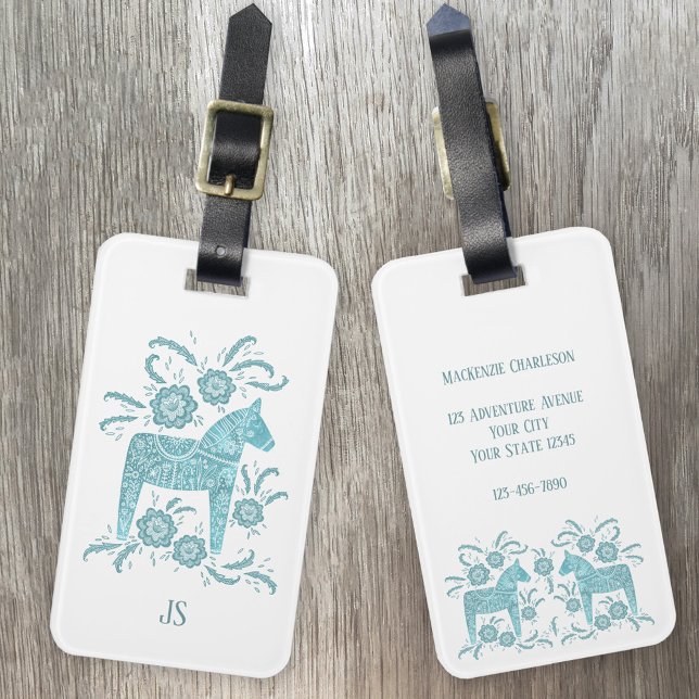 Schwedische Dala Horse Monogram Gepäckanhänger (Teal green Swedish Dala Horse personalized luggage tag)