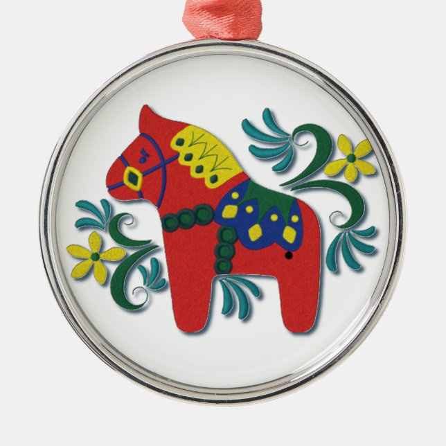 Schwedische Dala Horse Whimsical Silbernes Ornament (Vorne)