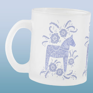 Schwedische Dala-Pferde Periwinkle Blau und Weiß Mattglastasse