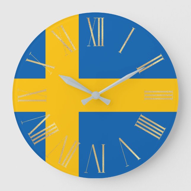 Schwedische Flagge mit römischen Goldnummern Große Wanduhr (Vorderseite)