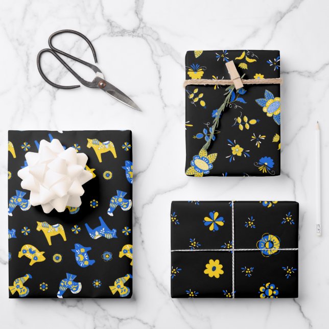 Schwedische Folk Dala Farm Animals l blau und gelb Geschenkpapier Set (Vorderseite)