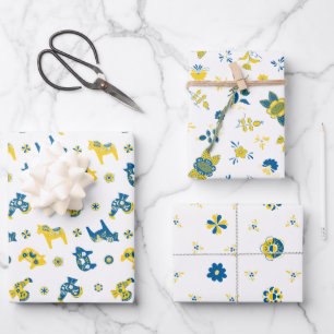 Schwedische Folk Dala Farm Animals l blau und gelb Geschenkpapier Set