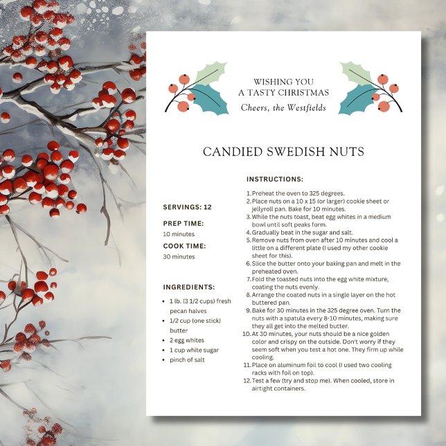 Schwedische Nuts Rezept Weihnachtskarte Feiertagskarte (Wishing You a Tasty Christmas Holly and Red Berries Candied Swedish Nuts Recipe Card)