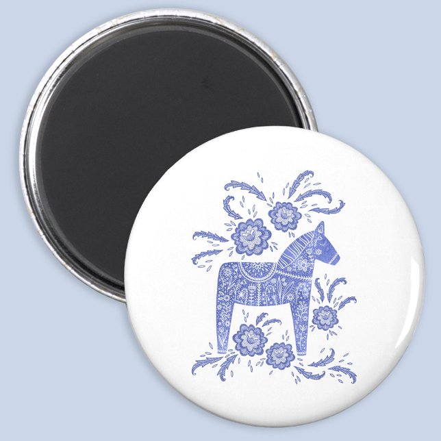 Schwedischer Dala HorBlue und White Magnet (Swedish Dala Horse folk art blue and white magnet)