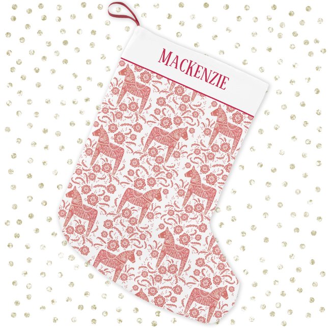 Schwedischer Dala Horse Folk Art Pattern Individue Kleiner Weihnachtsstrumpf (Festive Swedish Dala Horse red and white Scandinavian folk art personalized name Christmas stocking)