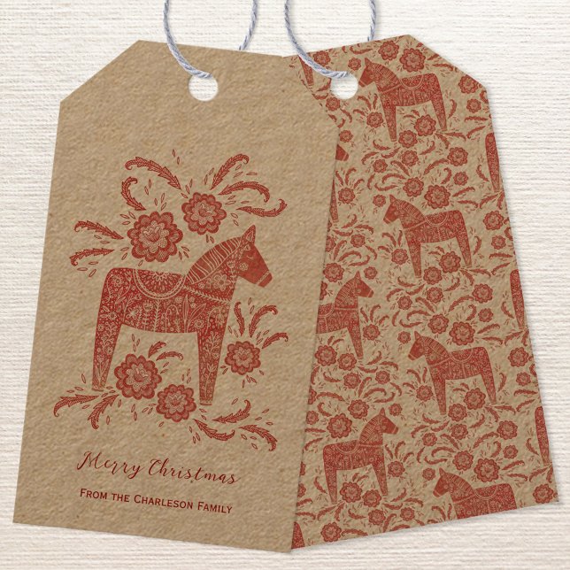 Schwedischer Dala Rot auf Kraft Geschenkanhänger (Swedish Dala Horse personalized gift tag on Kraft paper)