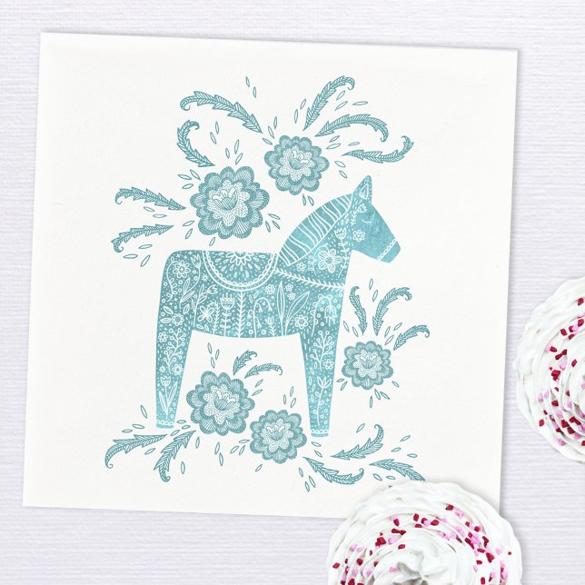 Schwedisches Dala Horse Aquamarin grün und weiß Serviette (Swedish Dala Horse art paper napkin in teal green and white)