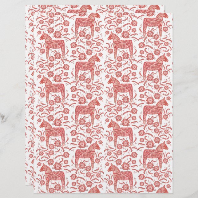 Schwedisches Dala Horse Folk Art Scrapbook Paper (Vorne/Hinten)