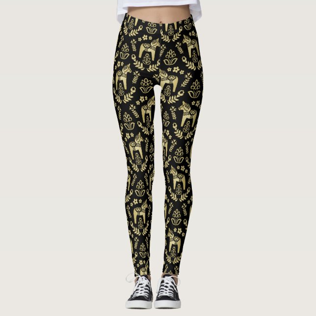 Schwedisches Dala Horse Gold und Black Leggings (Vorderseite)