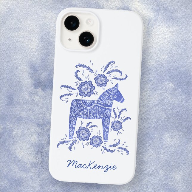 Schwedisches Dala Horse Personalisiert Blue White Case-Mate iPhone Hülle (Von Creator hochgeladen)