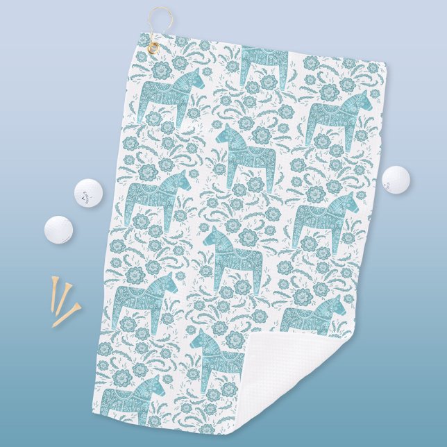 Schwedisches Dala Pferd Aquamarines Grünes Folklor Golfhandtuch (Swedish Dala Horse teal green and white folk art golf towel)