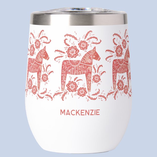 Schwedisches Dala Pferd Personalisiert rot und wei (Red and white Swedish Dala horse Scandinavian folk art personalized custom name thermal wine tumbler)