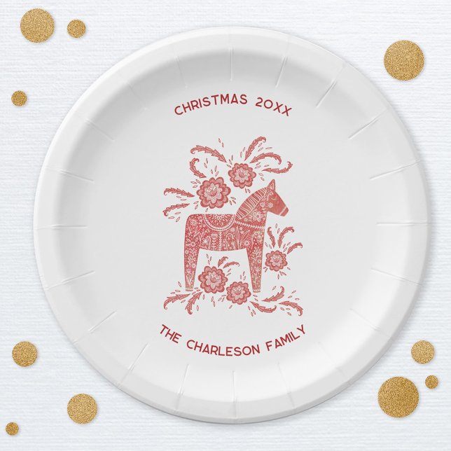 Schwedisches Dala Pferd Personalisiert rot und wei Pappteller (Swedish Dala Horse Scandinavian red and white personalized custom text Christmas party paper plates)