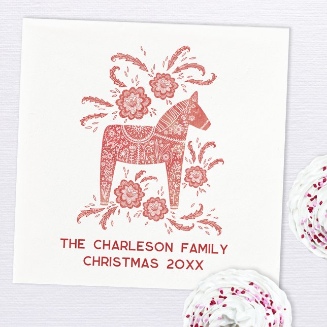 Schwedisches Dala Pferd Personalisiert rot und wei Serviette (Swedish Dala Horse Scandinavian red and white personalized custom text Christmas party paper napkin)