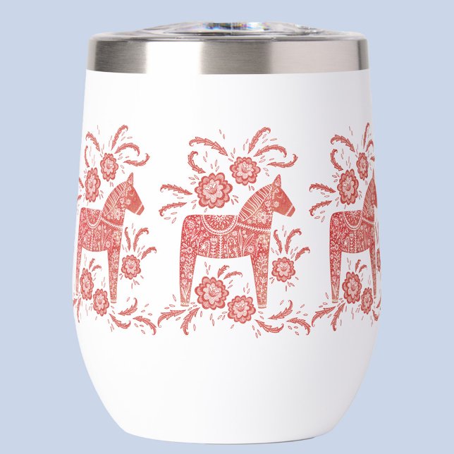 Schwedisches Dala Pferd rot und weiß (Red and white Swedish Dala horse Scandinavian folk art thermal wine tumbler)