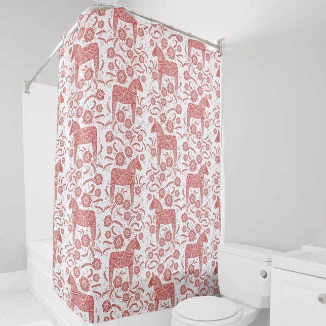 Schwedisches Dala Pferd rot und weiß Duschvorhang (Swedish Dala Horse red and white pattern shower curtain)