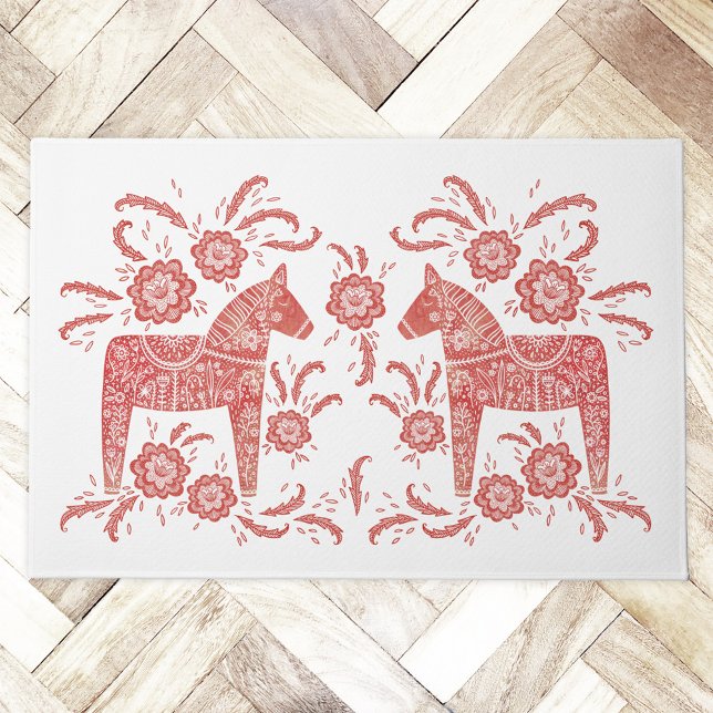 Schwedisches Dala Pferd rot und weiß Fußmatte (Swedish Dala Horse red and white door mat)
