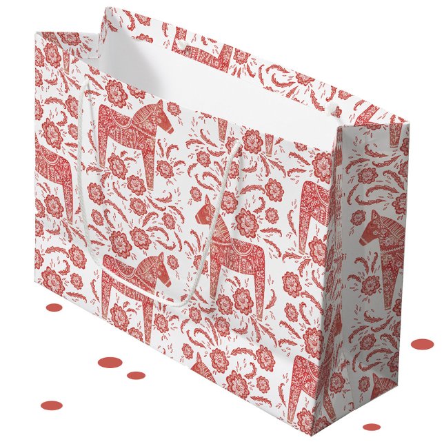 Schwedisches Dala Pferd rot und weiß Große Geschenktüte (Red and white Swedish Dala horse pattern large gift bag)