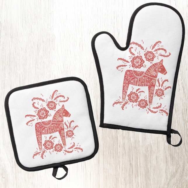 Schwedisches Dala Pferd rot und weiß Ofenhandschuh & Topflappen-Set (Red and white Swedish Dala horse kitchen oven glove or mitt and pot holder)
