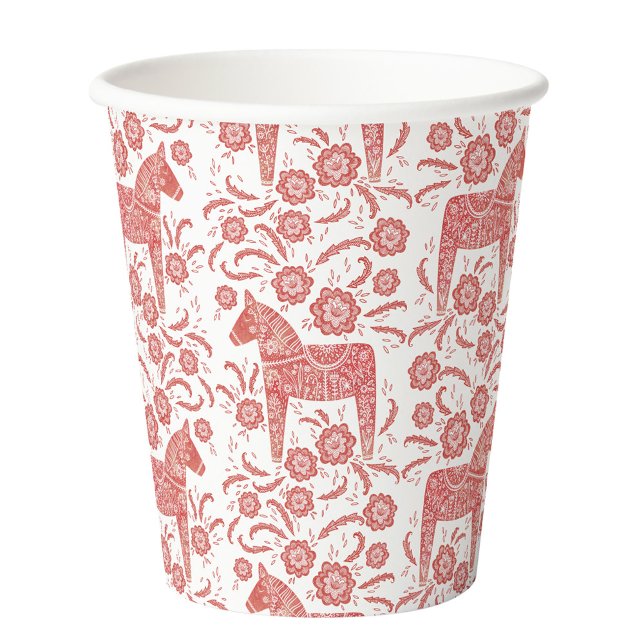 Schwedisches Dala Pferd rot und weiß Pappbecher (Swedish Dala horse red and white festive folk art pattern party paper cup)