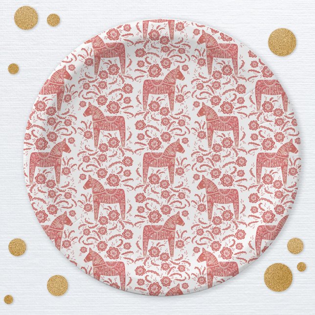 Schwedisches Dala Pferd rot und weiß Pappteller (Swedish Dala Horse red and white pattern party paper plate)