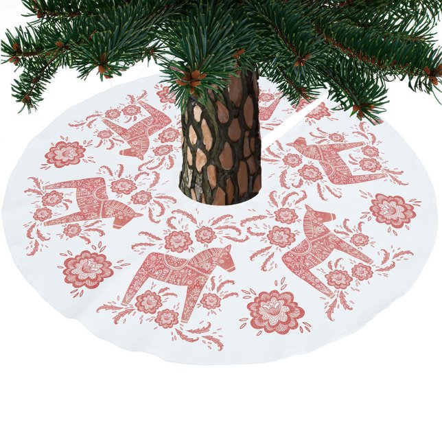 Schwedisches Dala Pferd rot und weiß Polyester Weihnachtsbaumdecke (Swedish Dala Horse red and white Scandinavian folk art pattern festive Christmas tree skirt)