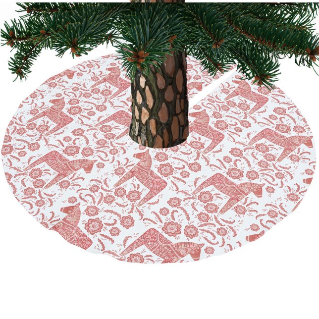 Schwedisches Dala Pferd rot und weiß Polyester Weihnachtsbaumdecke (Red and white Swedish Dala Horse pattern festive Christmas tree skirt)
