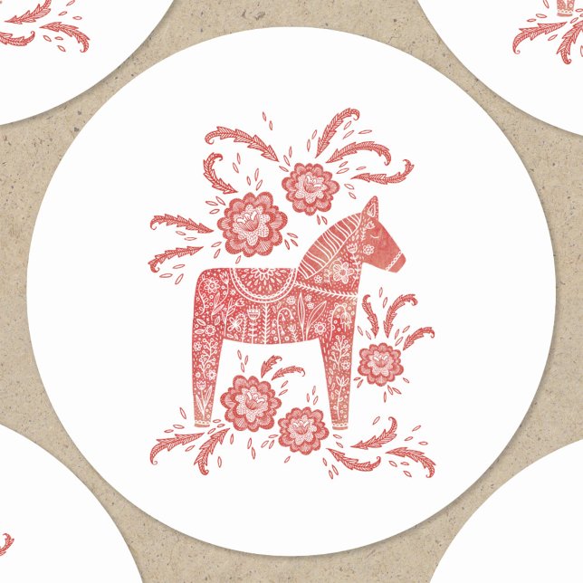 Schwedisches Dala Pferd rot und weiß Runder Aufkleber (Swedish Dala Horse folk art red and white stickers)