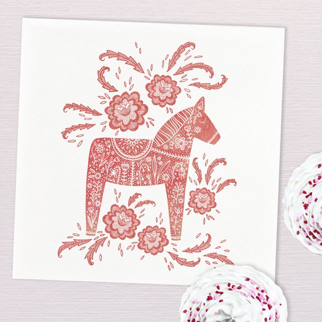 Schwedisches Dala Pferd rot und weiß Serviette (Swedish Dala Horse art paper napkin red and white)