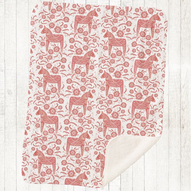 Schwedisches Dala Pferd rot und weiß Sherpadecke (Swedish Dala Horse red and white sherpa fleece blanket)