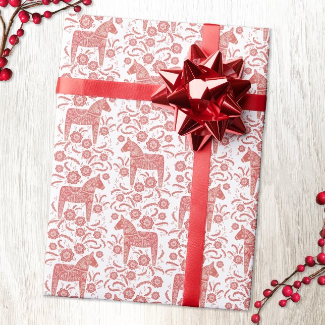 Schwedisches Dala Pferd Rot und Weiße Volkskunst K Geschenkpapier (Red and white Swedish Dala Horse pattern gift wrapping paper )