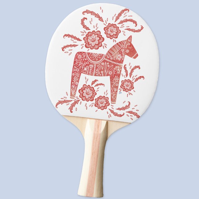 Schwedisches Dala Pferd Rot und Weiße Volkskunst K Tischtennis Schläger (Swedish Dala Horse folk art ping pong paddle)