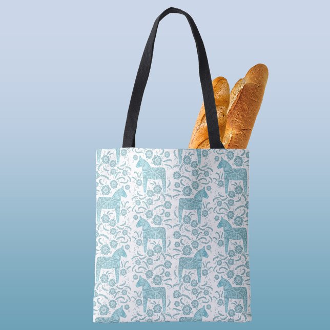 Schwedisches Dala Pferd Traditionelle Volkskunst A (Swedish Dala Horse folk art teal green and white pattern tote bag)