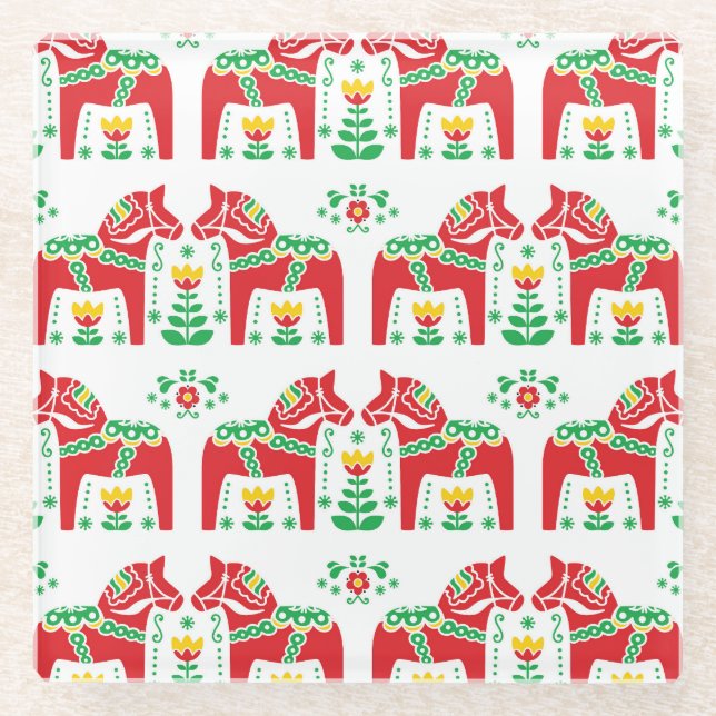 Schwedisches Dala Pferd: Volkskunst Glasuntersetzer (Vorderseite)