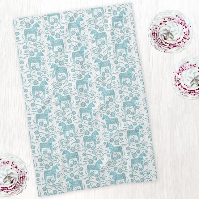 Schwedisches Dala Pferdervolk Art Aquamarin Green Geschirrtuch (Swedish Dala horse teal green and white art kitchen tea towel)