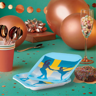 Schwedisches Eislauf-Duo Silhouette Pappteller