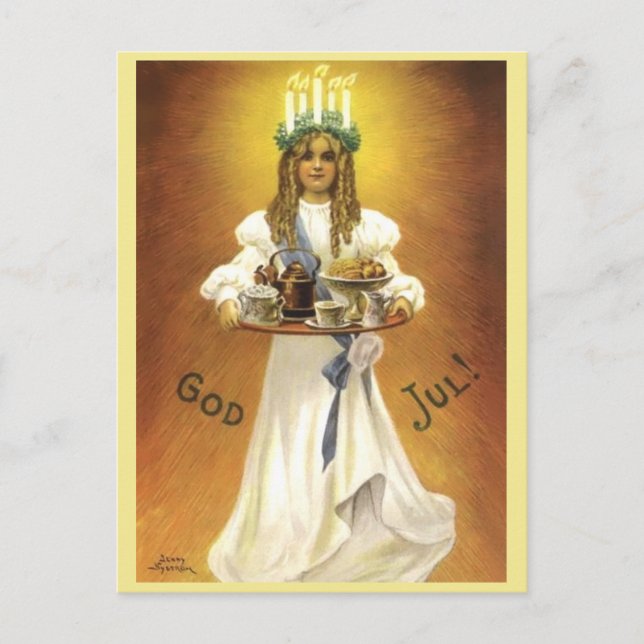 Schwedisches Weihnachtsmädchen Lit Candle Wreath a Postkarte (Vorderseite)