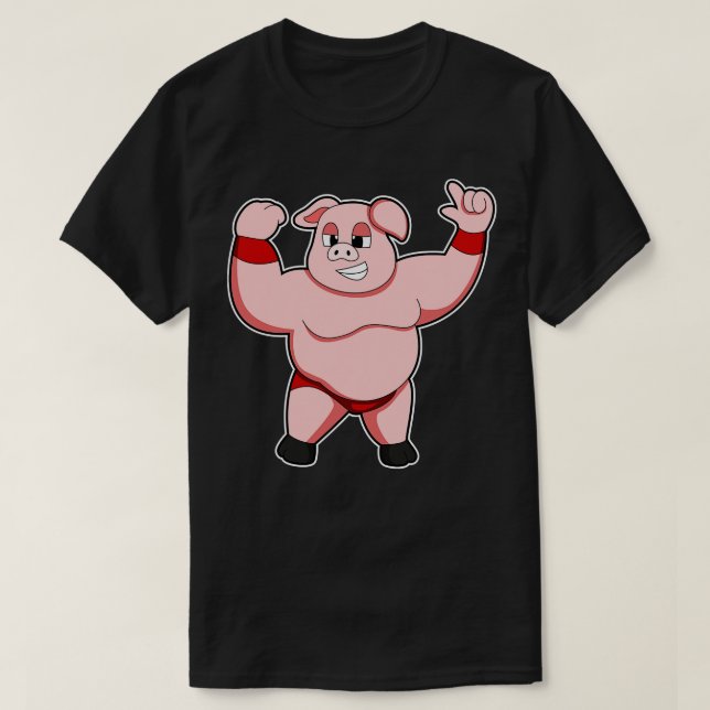 Schwein als Bodybuilder mit großem Bauch T-Shirt (Design vorne)