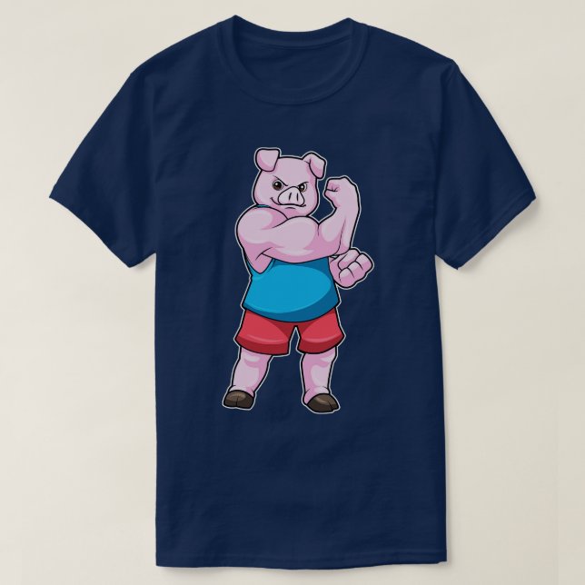 Schwein als Bodybuilder mit großem Oberarm T-Shirt (Design vorne)
