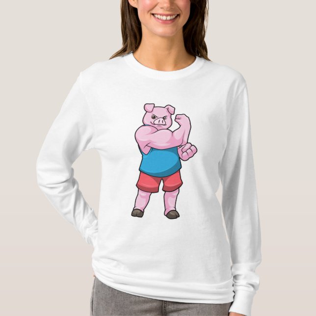 Schwein als Bodybuilder mit großem Oberarm T-Shirt (Vorderseite)